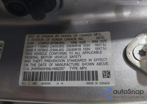 2020 Honda Cr-V Awd Ex из США, поврежденный, VIN 2HKRW2H59LH682207